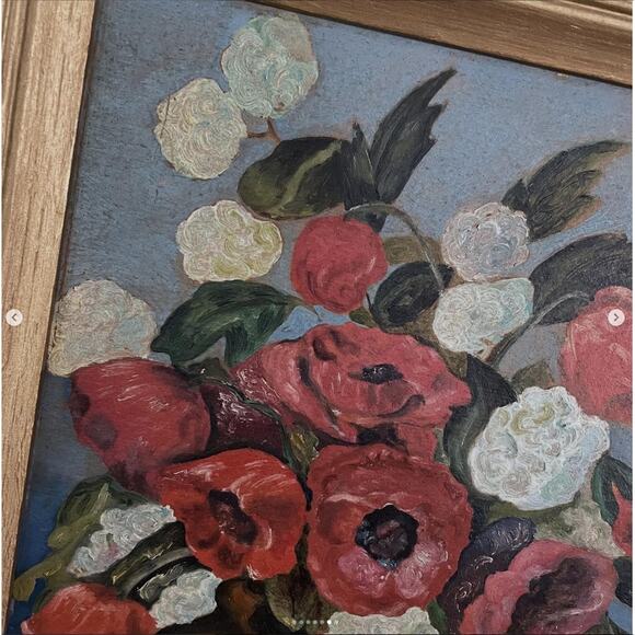 Vintage Flower Painting Red Poppy Poppies Floral Painted Wood Board Signed 14x18 - Picture 6 of 7